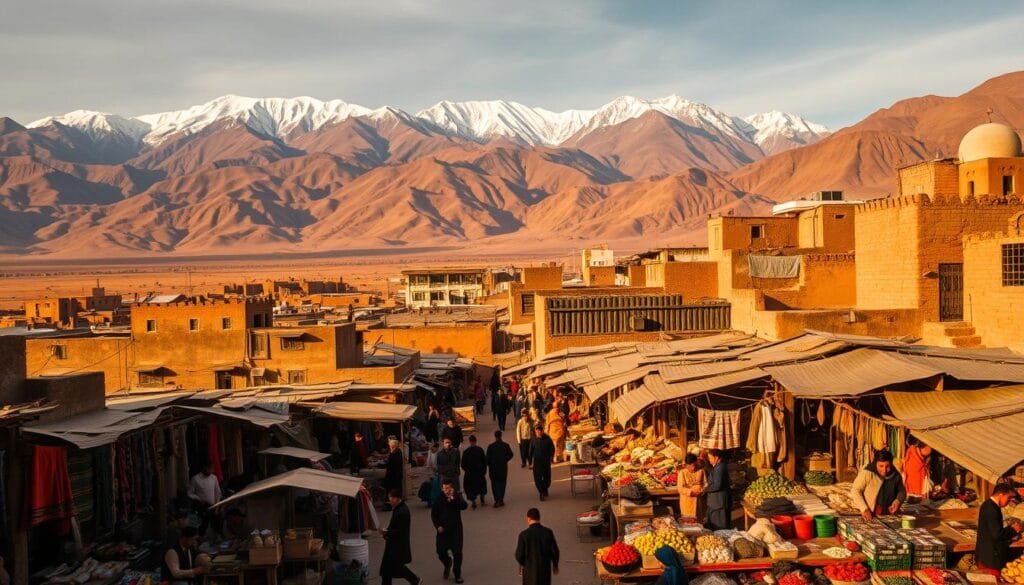 A vast, rugged landscape of Afghanistan unfolds, with the snow-capped peaks of the Hindu Kush mountains rising in the distance. In the foreground, a bustling marketplace comes to life, filled with vendors offering a diverse array of goods - from vibrant textiles and intricate metalwork to freshly harvested produce and fragrant spices. The midground reveals a mix of traditional mud-brick buildings and modern structures, reflecting the country's complex economic landscape. Warm, diffused lighting casts a golden glow, evoking a sense of timelessness and resilience. The overall atmosphere conveys the resilience and adaptability of the Afghan people, who navigate the challenges of a volatile economic environment.