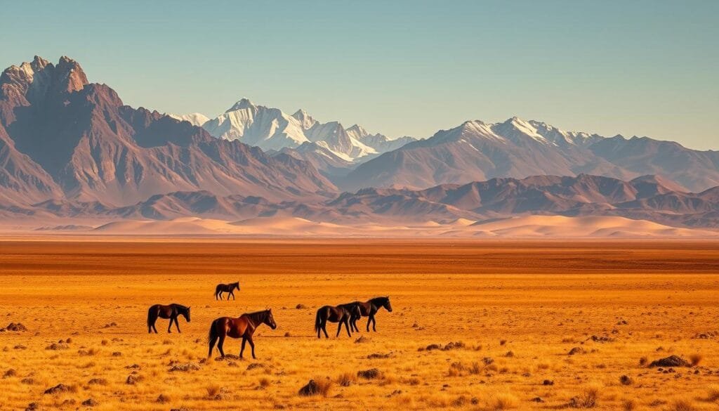 A vast, rugged landscape stretches before the viewer, a stark contrast of towering mountains and sprawling desert. The foreground is dominated by a sweeping steppe, dotted with hardy grasses and dotted with the silhouettes of nomadic horses grazing in the golden light. In the middle distance, the Gobi Desert emerges, its undulating dunes cast in warm, hazy tones by the low sun. The background is framed by jagged, snow-capped peaks that pierce the sky, their serene majesty evoking a sense of untamed, primal power. The scene is imbued with a sense of solitude and timelessness, capturing the essence of Mongolia's extreme natural wonders. A vast, rugged landscape stretches before the viewer, a stark contrast of towering mountains and sprawling desert. The foreground is dominated by a sweeping steppe, dotted with hardy grasses and dotted with the silhouettes of nomadic horses grazing in the golden light. In the middle distance, the Gobi Desert emerges, its undulating dunes cast in warm, hazy tones by the low sun. The background is framed by jagged, snow-capped peaks that pierce the sky, their serene majesty evoking a sense of untamed, primal power. The scene is imbued with a sense of solitude and timelessness, capturing the essence of Mongolia's extreme natural wonders.