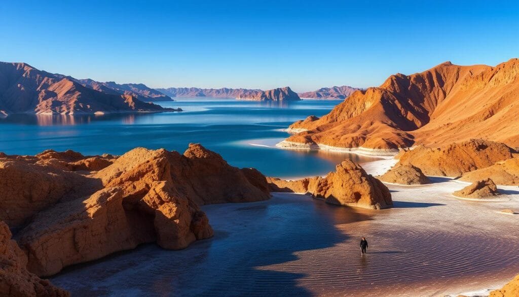 A vast, shimmering salt lake nestled amidst towering, sun-baked mountains. The Dead Sea, its still waters reflecting the cloudless azure sky, a serene contrast to the barren, rust-colored landscape. Rugged, wind-carved rock formations dot the shoreline, while distant salt-encrusted cliffs rise like sentinels guarding this otherworldly scene. A lone figure, tiny against the scale of the environment, wades in the buoyant, mineral-rich waters, surrounded by an otherworldly stillness. Harsh, directional lighting casts dramatic shadows, emphasizing the stark, primal beauty of this extreme, unforgiving geography.