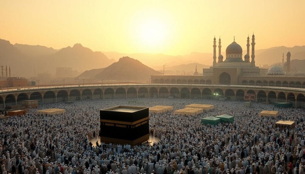 A vast, sprawling scene depicting the sacred pilgrimage to Mecca and Medina, the holiest sites in Islam. In the foreground, a throng of devout worshippers in flowing robes and headscarves reverently circumambulate the Kaaba, the black cubic structure at the center of the Masjid al-Haram mosque. In the middle ground, a sea of tents and structures housing pilgrims, set against the backdrop of rugged desert mountains. In the distance, the iconic domes and minarets of the Masjid al-Nabawi mosque in Medina, glowing warmly in the golden light of the setting sun. An atmosphere of profound spiritual devotion and timeless tradition permeates the scene.