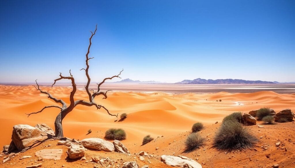 A vast, sun-drenched desert landscape stretches out before the viewer, its rolling dunes and rocky outcroppings bathed in a warm, golden light. In the foreground, a lone, gnarled tree clings to the arid earth, its twisted branches reaching skyward. The middle ground is dotted with clusters of hardy, drought-resistant vegetation, their vibrant greens and blues providing a striking contrast to the surrounding ochre hues. The background fades into a hazy horizon, where distant mountains rise up, their silhouettes sharp and jagged against the cloudless, azure sky. The overall scene conveys a sense of rugged, unforgiving beauty, perfectly capturing the extreme geography and climate of this remote, otherworldly destination. A vast, sun-drenched desert landscape stretches out before the viewer, its rolling dunes and rocky outcroppings bathed in a warm, golden light. In the foreground, a lone, gnarled tree clings to the arid earth, its twisted branches reaching skyward. The middle ground is dotted with clusters of hardy, drought-resistant vegetation, their vibrant greens and blues providing a striking contrast to the surrounding ochre hues. The background fades into a hazy horizon, where distant mountains rise up, their silhouettes sharp and jagged against the cloudless, azure sky. The overall scene conveys a sense of rugged, unforgiving beauty, perfectly capturing the extreme geography and climate of this remote, otherworldly destination.