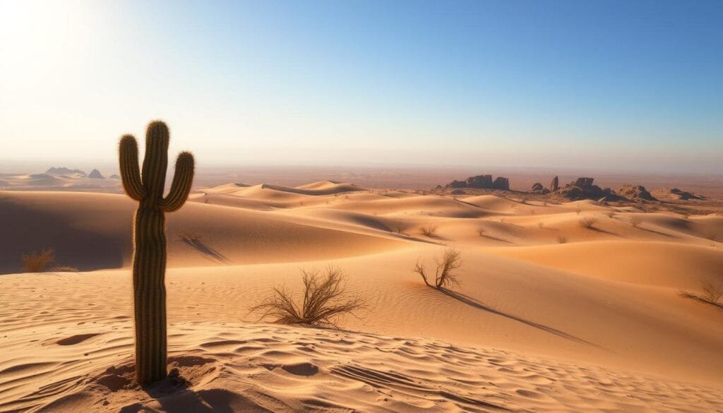 A vast, sun-drenched desert landscape stretches out before the viewer, its undulating dunes and rocky outcrops bathed in warm, golden light. In the foreground, a lone, weathered cactus stands as a testament to the resilience of life in this harsh environment. The middle ground is dotted with sparse, wind-sculpted shrubs, their delicate forms casting long shadows across the sand. In the distance, the hazy horizon blends seamlessly with the deep, azure sky, creating a sense of boundless expanse. The scene exudes a tranquil, meditative atmosphere, inviting the viewer to contemplate the stark beauty and inherent contrasts of this arid, yet captivating, desert landscape.
