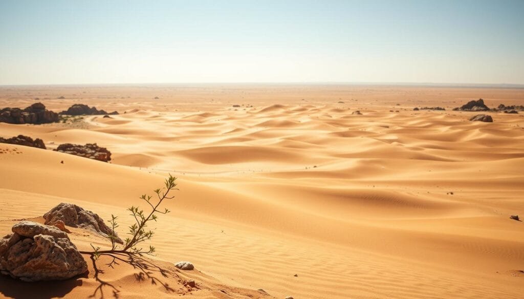 A vast, sun-drenched expanse of sand dunes and rocky outcroppings stretches out as far as the eye can see. In the foreground, a lone desert plant clings to life, its delicate leaves waving gently in the warm breeze. The middle ground is dominated by undulating waves of golden sand, their ripples and contours casting intricate shadows under the intense desert sun. In the distance, the horizon blurs into a hazy mirage, the sky an endless expanse of cloudless blue. The scene conveys a sense of timelessness and solitude, a powerful reminder of the sheer scale and grandeur of this arid, uninhabited landscape that covers the majority of Libya's vast territory.