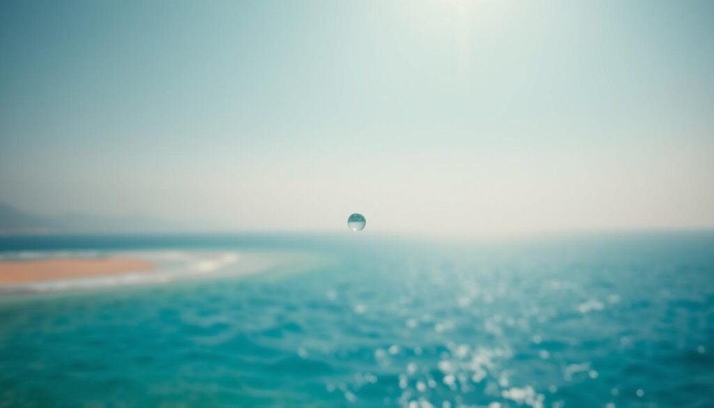 A vast, tranquil ocean stretches before the viewer, its shimmering azure waters lapping gently against a sun-kissed shoreline. In the foreground, a single drop of water suspends in mid-air, capturing the light with crystalline clarity. The background depicts a hazy, dreamlike landscape, where the sky and sea blend seamlessly, creating a serene, almost ethereal atmosphere. The image is captured through a wide-angle lens, emphasizing the vastness and power of the water element. Soft, diffused lighting bathes the scene, lending it a sense of timelessness and calm. The overall mood is one of quiet contemplation, inviting the viewer to ponder the vital role that water plays in the world.