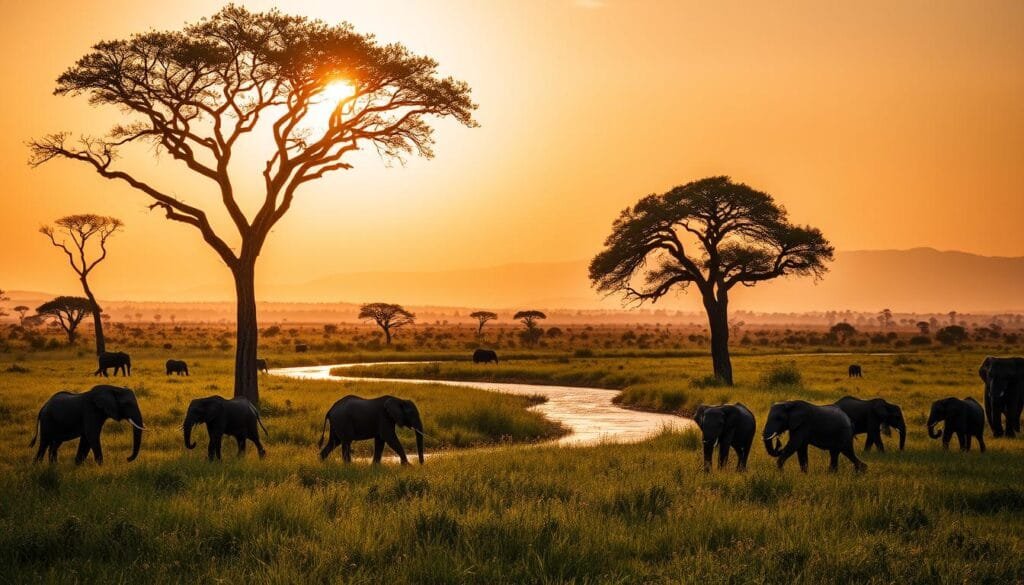 A vibrant African safari landscape, captured in the golden glow of the setting sun. In the foreground, a herd of majestic elephants leisurely roams the lush, verdant savanna, their powerful movements leaving gentle ripples in the tall grass. In the middle ground, a winding river reflects the warm tones of the sky, framed by towering acacia trees. In the distance, a silhouette of distant hills and mountains, blanketed in a soft, hazy atmosphere. The scene is imbued with a sense of tranquility and timeless wonder, reflecting the essence of daily life in the heart of Kenya. A vibrant African safari landscape, captured in the golden glow of the setting sun. In the foreground, a herd of majestic elephants leisurely roams the lush, verdant savanna, their powerful movements leaving gentle ripples in the tall grass. In the middle ground, a winding river reflects the warm tones of the sky, framed by towering acacia trees. In the distance, a silhouette of distant hills and mountains, blanketed in a soft, hazy atmosphere. The scene is imbued with a sense of tranquility and timeless wonder, reflecting the essence of daily life in the heart of Kenya.