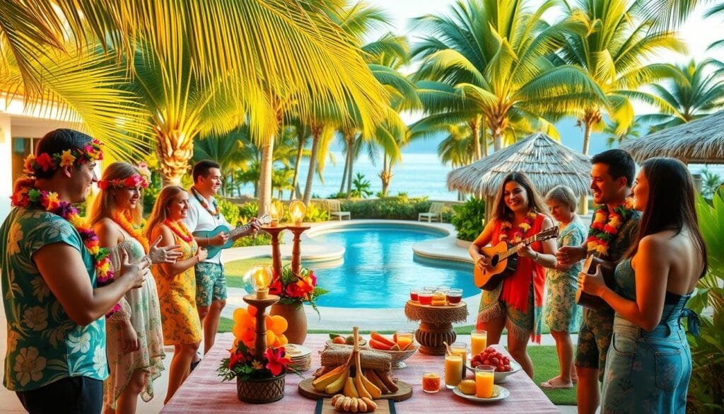 A vibrant Hawaiian-themed party scene in a lush, tropical backyard. In the foreground, people engage in traditional Hawaiian activities like hula dancing, lei making, and playing ukulele. Middle ground features tiki torches, floral arrangements, and a buffet table with tropical fruits and drinks. The background showcases a scenic view of palm trees, a thatched-roof pavilion, and a shimmering pool. Warm, golden lighting creates a festive, carefree atmosphere. Crisp, high-resolution photography captures the joyful energy and cultural authenticity of this summery celebration.