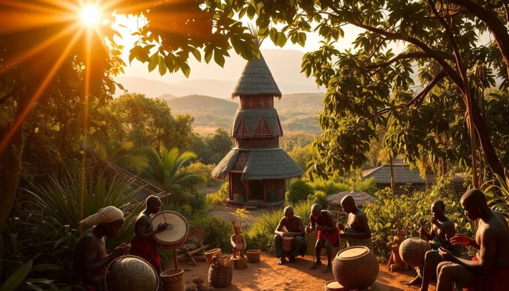 A vibrant Malagasy village nestled amid lush, verdant foliage. In the foreground, a group of locals engaged in traditional crafts - weaving baskets, carving wooden figurines, and beating intricate patterns on hand drums. Warm, golden sunlight filters through the canopy, casting a soft, ethereal glow over the scene. In the middle ground, a towering, thatched-roof hut stands as the centerpiece, its intricate designs and vibrant colors embodying the rich cultural heritage of the region. In the background, rolling hills and distant mountains create a picturesque landscape, hinting at the unique biodiversity of this island nation. The overall atmosphere exudes a sense of timelessness, inviting the viewer to immerse themselves in the enduring traditions of Madagascar. A vibrant Malagasy village nestled amid lush, verdant foliage. In the foreground, a group of locals engaged in traditional crafts - weaving baskets, carving wooden figurines, and beating intricate patterns on hand drums. Warm, golden sunlight filters through the canopy, casting a soft, ethereal glow over the scene. In the middle ground, a towering, thatched-roof hut stands as the centerpiece, its intricate designs and vibrant colors embodying the rich cultural heritage of the region. In the background, rolling hills and distant mountains create a picturesque landscape, hinting at the unique biodiversity of this island nation. The overall atmosphere exudes a sense of timelessness, inviting the viewer to immerse themselves in the enduring traditions of Madagascar.