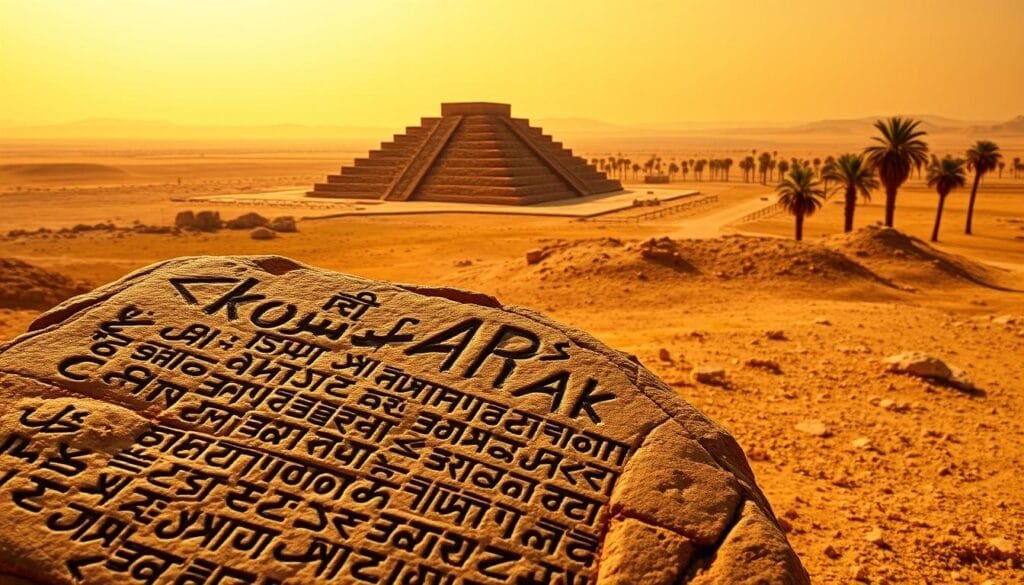 A vibrant, ancient Mesopotamian landscape. In the foreground, the cuneiform script flows across a weathered clay tablet, a timeless testament to the birth of written language. In the middle ground, a majestic ziggurat rises, its stepped pyramidal structure casting long shadows across the arid plain. The horizon is dotted with palm trees, hinting at the fertile "lowlands" that gave rise to the name "Irak," derived from the ancient city of Uruk. The sky is bathed in warm, golden light, evoking the rich cultural heritage of this cradle of civilization. The scene is captured with a wide-angle lens, emphasizing the grandeur and scope of this historical moment.