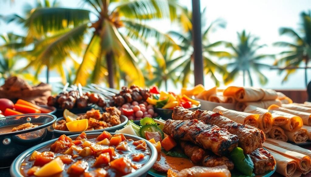 A vibrant and authentic Filipino feast, showcasing the diverse flavors and unique ingredients that define the island nation's cuisine. In the foreground, a bountiful spread of exotic dishes - fragrant adobo simmering in its savory sauce, grilled skewers of tender, marinated meat, a colorful array of vibrant tropical fruits, and crisp lumpia rolls bursting with flavorful fillings. The middle ground features a backdrop of lush palm trees swaying gently in the warm island breeze, hinting at the tropical paradise that is the Philippines. The lighting is soft and natural, casting a golden glow that enhances the mouthwatering details of the sumptuous feast. The overall mood is one of celebration, inviting the viewer to immerse themselves in the unique and captivating culinary delights of this fascinating archipelago. A vibrant and authentic Filipino feast, showcasing the diverse flavors and unique ingredients that define the island nation's cuisine. In the foreground, a bountiful spread of exotic dishes - fragrant adobo simmering in its savory sauce, grilled skewers of tender, marinated meat, a colorful array of vibrant tropical fruits, and crisp lumpia rolls bursting with flavorful fillings. The middle ground features a backdrop of lush palm trees swaying gently in the warm island breeze, hinting at the tropical paradise that is the Philippines. The lighting is soft and natural, casting a golden glow that enhances the mouthwatering details of the sumptuous feast. The overall mood is one of celebration, inviting the viewer to immerse themselves in the unique and captivating culinary delights of this fascinating archipelago.