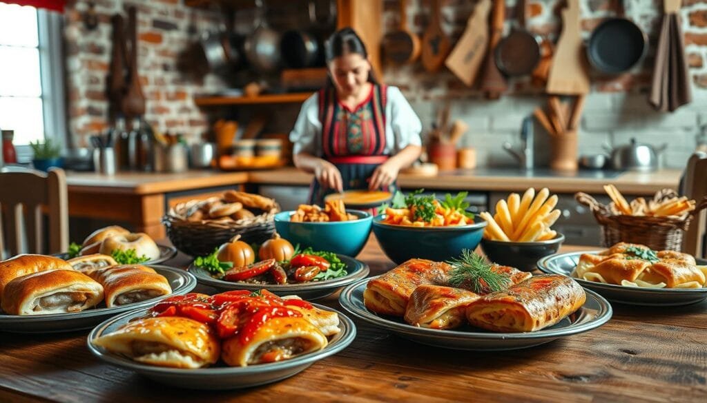 A vibrant and authentic Serbian meal captured in a cozy, homely setting. In the foreground, an array of traditional Serbian dishes, including burek, kajsija, and komplet lepinja, artfully presented on a rustic wooden table. The middle ground features a Serbian woman in traditional dress, preparing a meal with care and attention. In the background, a warm, inviting kitchen with exposed brick walls and a hanging pots and pans, conveying a sense of comfort and tradition. Soft, natural lighting illuminates the scene, creating a comforting and inviting atmosphere. The composition evokes the warmth and hospitality of Serbian cuisine and culture.