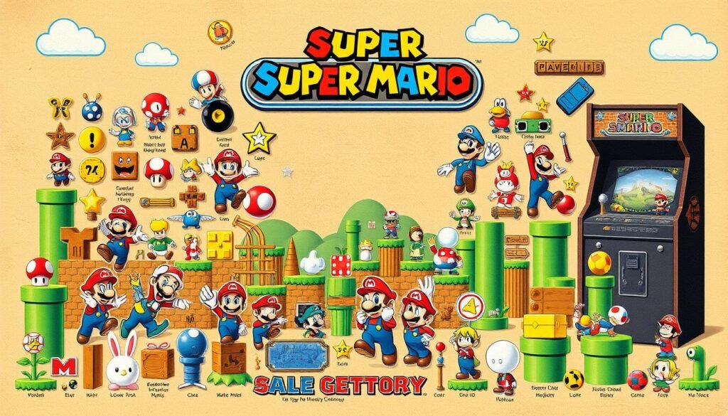 A vibrant and detailed glossary of key Super Mario franchise terms, depicted as a stylized collage against a retro gaming backdrop. In the foreground, various iconic Super Mario power-ups, characters, and items are displayed in a clean, illustrative style, arranged in an eye-catching layout. The middle ground features a pixelated landscape reminiscent of classic Mario game levels, with familiar landmarks and enemies. The background evokes a vintage arcade cabinet aesthetic, complete with a warm, muted color palette and subtle film grain effect, creating an immersive, nostalgic atmosphere. The overall composition aims to capture the essence of the Mario franchise in a visually compelling and informative manner.