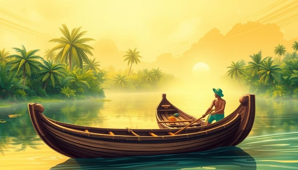A vibrant and detailed illustration of a Bangladeshi uso, a traditional boat used for fishing and transportation along the country's vast network of rivers and canals. The uso is depicted in the foreground, its distinctive curved wooden hull and bamboo poles capturing the essence of Bangladeshi watercraft. The middle ground features lush, verdant banks lined with palm trees and other tropical foliage, reflecting the country's abundant natural environment. In the background, a hazy, golden-hued sky with wispy clouds creates a serene, dreamlike atmosphere, evoking the tranquility of Bangladeshi waterways. The lighting is soft and warm, casting a gentle glow over the scene and highlighting the intricate textures and craftsmanship of the uso. The overall composition conveys a sense of wonder and cultural identity, perfectly suited to illustrate the "Curiosidades de Bangladés" section of the article.