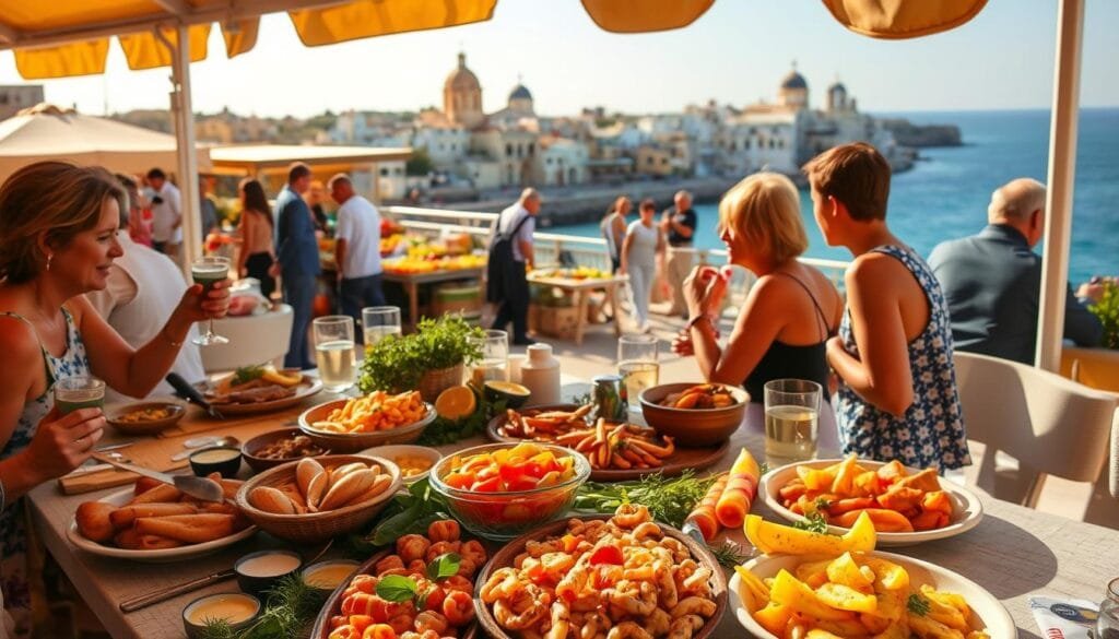 A vibrant and diverse Mediterranean gastronomic scene, with a sun-drenched outdoor setting. In the foreground, a table laden with a sumptuous spread of traditional Maltese dishes - freshly caught seafood, locally-grown produce, and aromatic herbs. Diners gathered around, engaged in lively conversation, savoring the unique flavors and blending of cultural influences. In the middle ground, a bustling open-air market, vendors selling an array of colorful ingredients and artisanal products. The background frames a picturesque coastal landscape, with whitewashed buildings, domed churches, and a azure blue sea. Warm, golden lighting casts a soft glow, enhancing the convivial, Mediterranean atmosphere. A vibrant and diverse Mediterranean gastronomic scene, with a sun-drenched outdoor setting. In the foreground, a table laden with a sumptuous spread of traditional Maltese dishes - freshly caught seafood, locally-grown produce, and aromatic herbs. Diners gathered around, engaged in lively conversation, savoring the unique flavors and blending of cultural influences. In the middle ground, a bustling open-air market, vendors selling an array of colorful ingredients and artisanal products. The background frames a picturesque coastal landscape, with whitewashed buildings, domed churches, and a azure blue sea. Warm, golden lighting casts a soft glow, enhancing the convivial, Mediterranean atmosphere.