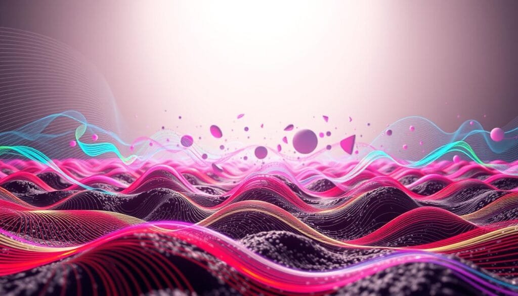 A vibrant and dynamic scene depicting the propagation of sound waves through a material medium. In the foreground, intricate undulating patterns of colorful sound waves radiate outwards, their energy pulsing and swirling. The middle ground features an array of abstract shapes and forms that represent the various vibrations and oscillations inherent in the transmission of sound. The background is bathed in a soft, diffuse lighting, creating a sense of depth and atmosphere that enhances the overall visual experience. Captured with a wide-angle lens to emphasize the scale and grandeur of the phenomenon, this image aims to vividly illustrate the fundamental principles of sound and its physical manifestation through waves and vibrations. A vibrant and dynamic scene depicting the propagation of sound waves through a material medium. In the foreground, intricate undulating patterns of colorful sound waves radiate outwards, their energy pulsing and swirling. The middle ground features an array of abstract shapes and forms that represent the various vibrations and oscillations inherent in the transmission of sound. The background is bathed in a soft, diffuse lighting, creating a sense of depth and atmosphere that enhances the overall visual experience. Captured with a wide-angle lens to emphasize the scale and grandeur of the phenomenon, this image aims to vividly illustrate the fundamental principles of sound and its physical manifestation through waves and vibrations.