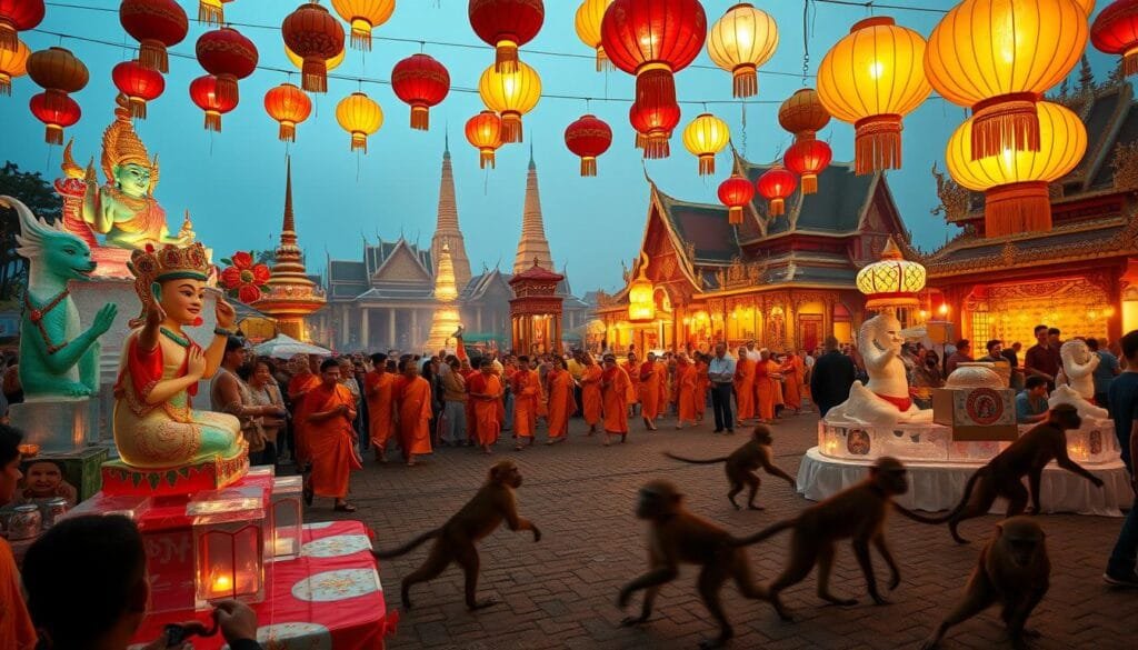 A vibrant and dynamic scene of a Thai festival, capturing the unique cultural celebrations of the country. In the foreground, a lively crowd gathers around colorful, intricate ice sculptures depicting mythical creatures and deities. Lanterns of various shapes and sizes float overhead, casting a warm, ethereal glow. In the middle ground, Buddhist monks in saffron robes engage in a ritual procession, their serene presence a contrast to the joyous festivities. The background showcases ornate temples and shrines, their ornate architecture illuminated by the festival's dazzling lights. The atmosphere is filled with the rich aroma of vegetarian delicacies, as locals and visitors alike partake in the celebrations. Playful monkeys scamper across the scene, adding a touch of whimsy to the enchanting tableau. A vibrant and dynamic scene of a Thai festival, capturing the unique cultural celebrations of the country. In the foreground, a lively crowd gathers around colorful, intricate ice sculptures depicting mythical creatures and deities. Lanterns of various shapes and sizes float overhead, casting a warm, ethereal glow. In the middle ground, Buddhist monks in saffron robes engage in a ritual procession, their serene presence a contrast to the joyous festivities. The background showcases ornate temples and shrines, their ornate architecture illuminated by the festival's dazzling lights. The atmosphere is filled with the rich aroma of vegetarian delicacies, as locals and visitors alike partake in the celebrations. Playful monkeys scamper across the scene, adding a touch of whimsy to the enchanting tableau.