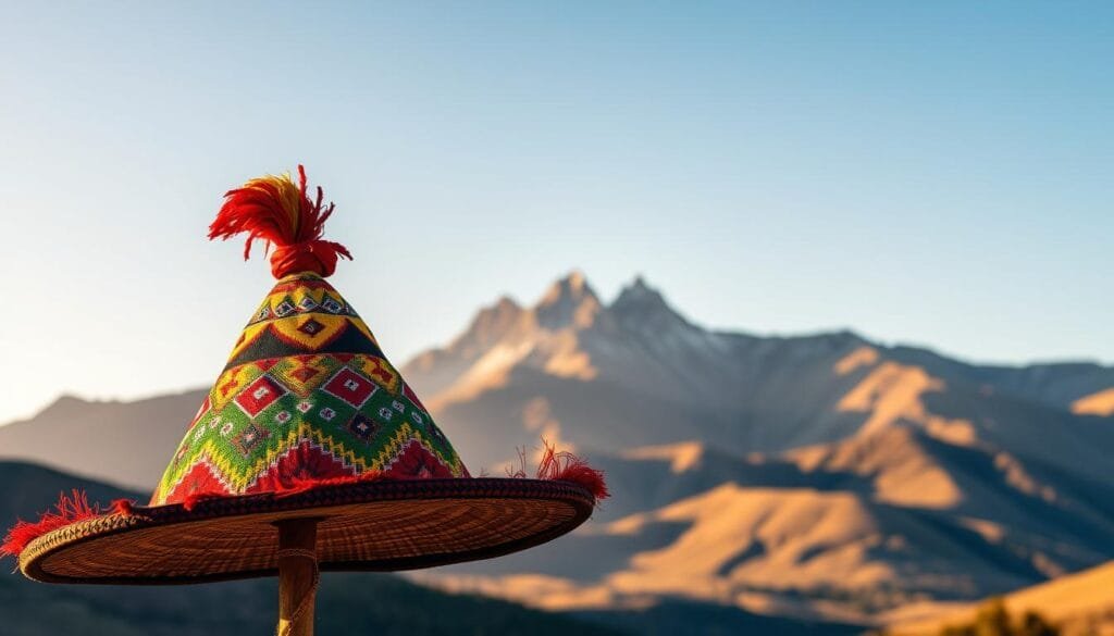 A vibrant and intricate national symbol of Lesotho, showcased against a backdrop of majestic Maluti Mountains. In the foreground, the iconic Basotho hat, a distinctive accessory adorned with symbolic patterns and colors, stands as a proud representation of the nation's cultural heritage. In the middle ground, the iconic three-peaked mountain silhouette, a motif deeply rooted in the country's landscape and mythology, dominates the scene. The image is bathed in warm, golden hues, evoking a sense of timeless tradition and natural splendor. The composition is balanced and visually striking, capturing the essence of Lesotho's national identity with clarity and captivating detail. A vibrant and intricate national symbol of Lesotho, showcased against a backdrop of majestic Maluti Mountains. In the foreground, the iconic Basotho hat, a distinctive accessory adorned with symbolic patterns and colors, stands as a proud representation of the nation's cultural heritage. In the middle ground, the iconic three-peaked mountain silhouette, a motif deeply rooted in the country's landscape and mythology, dominates the scene. The image is bathed in warm, golden hues, evoking a sense of timeless tradition and natural splendor. The composition is balanced and visually striking, capturing the essence of Lesotho's national identity with clarity and captivating detail.
