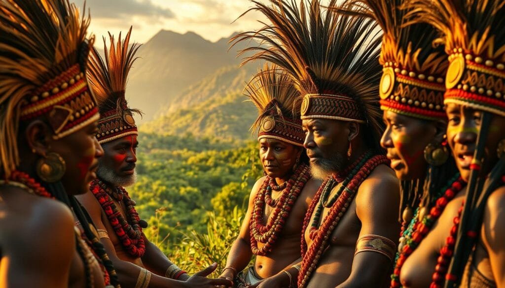 A vibrant and intricate scene depicting the diverse linguistic tapestry of Papua New Guinea. In the foreground, a group of tribespeople adorned in traditional ceremonial headdresses and body paint engage in a lively conversation, their expressive faces and gestures conveying the rich cultural heritage. In the middle ground, a lush, verdant landscape unfolds, with towering mountains and dense, verdant foliage serving as a backdrop. The lighting is warm and ambient, casting a golden glow that accentuates the vivid colors and textures of the scene. The composition is balanced and dynamic, inviting the viewer to explore the intricate details and layers of this captivating cultural snapshot. A vibrant and intricate scene depicting the diverse linguistic tapestry of Papua New Guinea. In the foreground, a group of tribespeople adorned in traditional ceremonial headdresses and body paint engage in a lively conversation, their expressive faces and gestures conveying the rich cultural heritage. In the middle ground, a lush, verdant landscape unfolds, with towering mountains and dense, verdant foliage serving as a backdrop. The lighting is warm and ambient, casting a golden glow that accentuates the vivid colors and textures of the scene. The composition is balanced and dynamic, inviting the viewer to explore the intricate details and layers of this captivating cultural snapshot.