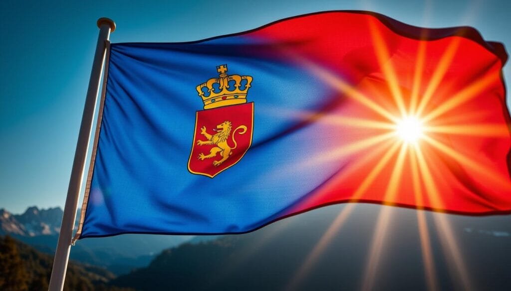 A vibrant blue and red flag unfurls against a backdrop of Liechtenstein's majestic alpine landscape. The flag's central element, a regal golden crown, stands tall and proud, symbolizing the country's rich history and royal heritage. Rays of warm, golden light bathe the scene, casting a soft, ethereal glow that highlights the flag's striking colors and intricate details. The composition is balanced and visually captivating, inviting the viewer to explore the unique identity and national symbolism of this small, yet captivating European nation. A vibrant blue and red flag unfurls against a backdrop of Liechtenstein's majestic alpine landscape. The flag's central element, a regal golden crown, stands tall and proud, symbolizing the country's rich history and royal heritage. Rays of warm, golden light bathe the scene, casting a soft, ethereal glow that highlights the flag's striking colors and intricate details. The composition is balanced and visually captivating, inviting the viewer to explore the unique identity and national symbolism of this small, yet captivating European nation.