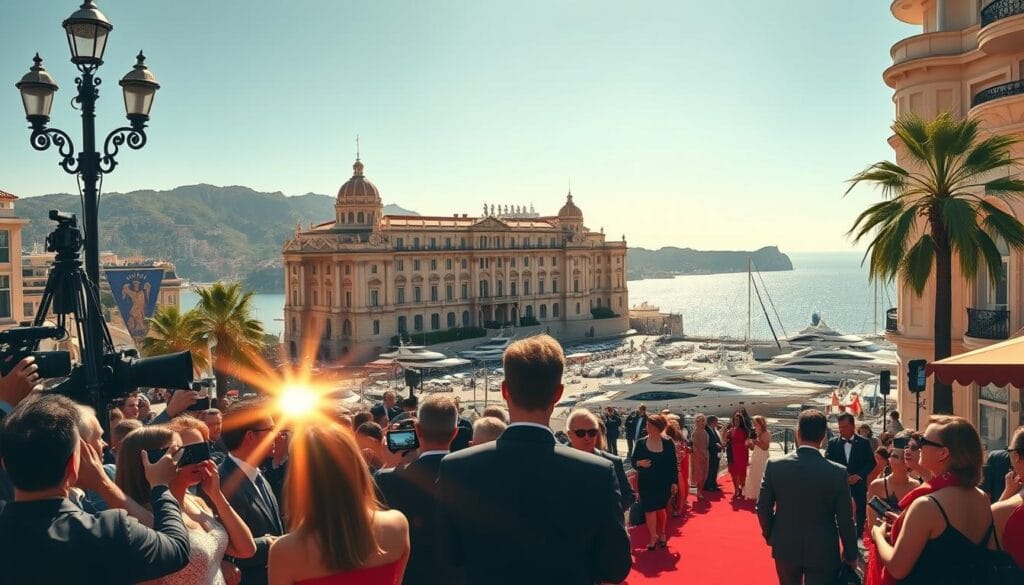 A vibrant, cinematic scene depicting the iconic film industry of Monaco. In the foreground, a glamorous red carpet event with paparazzi flashing their cameras, capturing the stars in their finest attire. In the middle ground, the striking architecture of the Palais Princier, the seat of Monaco's royal family, stands tall, its ornate facade reflecting the bright Mediterranean sun. In the distant background, the sparkling azure waters of the Côte d'Azur stretch out, dotted with luxurious yachts and sailboats. The scene exudes an air of sophistication, elegance, and the allure of the silver screen, perfectly capturing the essence of Monaco's enduring connection to the world of cinema.