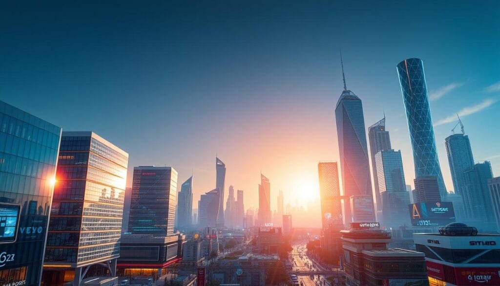 A vibrant cityscape bustling with technological innovation, showcasing cutting-edge architecture and futuristic skyline. In the foreground, sleek and modern buildings with glass facades reflect the sun's rays, creating a shimmering effect. The middle ground features a mix of traditional and modern structures, with neon-lit signage and holographic displays creating a dynamic visual landscape. In the background, towering skyscrapers with intricate geometric designs reach towards the sky, symbolizing the rapid advancements in science and technology. The overall scene conveys a sense of progress, dynamism, and Israel's position as a global hub for startups and entrepreneurship.