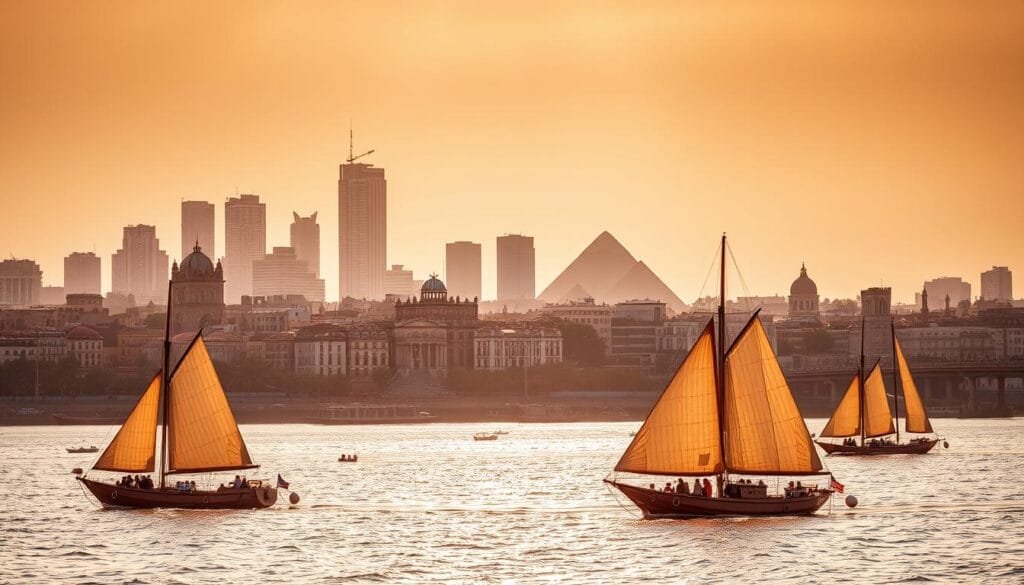 A vibrant cityscape of Cairo, Egypt, nestled along the majestic Nile River. In the foreground, traditional felucca boats glide peacefully across the shimmering waters, while the iconic silhouette of the Giza Pyramids emerges in the distance, bathed in the warm glow of the setting sun. The middle ground is dominated by the bustling streets of modern Cairo, with towering skyscrapers and historic architecture coexisting harmoniously. Warm, golden light filters through the air, casting a dreamy, timeless quality over the scene. The overall atmosphere evokes a sense of wonder, history, and the timeless allure of this ancient and dynamic city. A vibrant cityscape of Cairo, Egypt, nestled along the majestic Nile River. In the foreground, traditional felucca boats glide peacefully across the shimmering waters, while the iconic silhouette of the Giza Pyramids emerges in the distance, bathed in the warm glow of the setting sun. The middle ground is dominated by the bustling streets of modern Cairo, with towering skyscrapers and historic architecture coexisting harmoniously. Warm, golden light filters through the air, casting a dreamy, timeless quality over the scene. The overall atmosphere evokes a sense of wonder, history, and the timeless allure of this ancient and dynamic city.