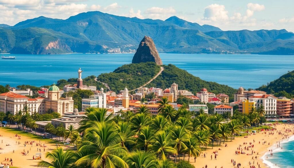 A vibrant cityscape of Río de Janeiro, Brazil, nestled between the iconic Christ the Redeemer statue and the majestic Sugar Loaf Mountain. In the foreground, lush palm trees and bustling beachgoers frolic along the golden sands of Copacabana. The middle ground showcases the colorful buildings and historic architecture of the city, bathed in warm, golden sunlight. In the background, the sparkling blue waters of Guanabara Bay stretch out towards the distant horizon, framed by the lush, verdant hills. The scene exudes a sense of energy, beauty, and the distinct Brazilian charm that makes Río de Janeiro one of the world's most captivating destinations.