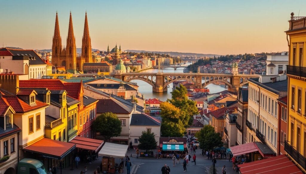 A vibrant cityscape with a mix of old and new architecture, bathed in warm, golden sunlight. In the foreground, a bustling street with charming cafes, cobblestone paths, and local vendors selling their wares. In the middle ground, towering cathedrals and historic buildings stand proud, their intricate facades gleaming. In the background, a series of ornate bridges spanning a calm, winding river, leading to a neighborhood of colorful, revitalized buildings and lush greenery. The scene conveys a sense of timeless wonder and unexpected delights, inviting the viewer to explore the hidden gems of this captivating city.