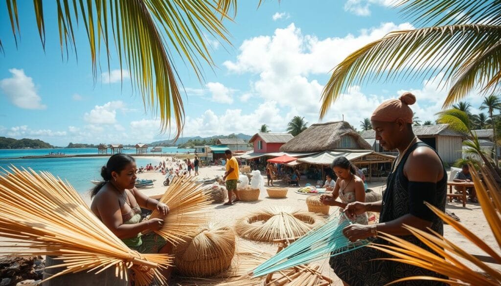 A vibrant coastal village in Kiribati, the sun-drenched archipelago straddling the equator. In the foreground, locals engage in traditional weaving, crafting intricate patterns from palm fronds. The middle ground showcases a bustling marketplace, vendors selling fresh seafood and handmade crafts. In the background, traditional thatched-roof houses dot the landscape, their pastel hues reflecting the azure sky. A gentle breeze carries the scent of tropical flowers, creating an atmosphere of tranquility and cultural preservation. Soft, diffused lighting illuminates the scene, capturing the essence of the Kiribati's unique language and heritage. A vibrant coastal village in Kiribati, the sun-drenched archipelago straddling the equator. In the foreground, locals engage in traditional weaving, crafting intricate patterns from palm fronds. The middle ground showcases a bustling marketplace, vendors selling fresh seafood and handmade crafts. In the background, traditional thatched-roof houses dot the landscape, their pastel hues reflecting the azure sky. A gentle breeze carries the scent of tropical flowers, creating an atmosphere of tranquility and cultural preservation. Soft, diffused lighting illuminates the scene, capturing the essence of the Kiribati's unique language and heritage.