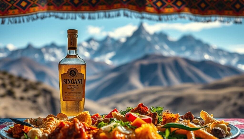 A vibrant culinary landscape unfolds, showcasing the essence of Andean gastronomy. In the foreground, a platter displays a selection of traditional Bolivian dishes, each a harmonious blend of indigenous flavors and textures. Prominently featured, a glass of the iconic Singani spirit shimmers, its golden hue reflecting the warm, inviting lighting that bathes the scene. The middle ground reveals the rugged, snow-capped peaks of the Andes mountains, a testament to the region's rich cultural heritage. In the background, a tapestry of vibrant colors and intricate patterns evokes the vibrant textiles and artisanal crafts that are deeply woven into the Andean way of life. The overall composition conveys a sense of authenticity, celebrating the enduring traditions and unique identity of Bolivian cuisine and the national drink, Singani.