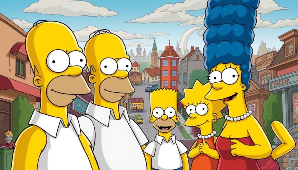 A vibrant, detailed illustration depicting the iconic visual style and defining characteristics of the beloved animated series "The Simpsons". Showcasing the show's signature yellow character designs, exaggerated facial features, and bold color palette. The foreground features the Simpson family in their classic poses, with Homer, Marge, Bart, Lisa, and Maggie rendered in a lively, cartoonish manner. The middle ground includes detailed backgrounds of the town of Springfield, with its distinct architectural elements and quirky buildings. The background subtly hints at the show's themes, such as social commentary and family dynamics, through symbolic imagery. The overall composition and lighting evoke a sense of nostalgic whimsy, capturing the essence of Matt Groening's creative vision that defined the iconic series.