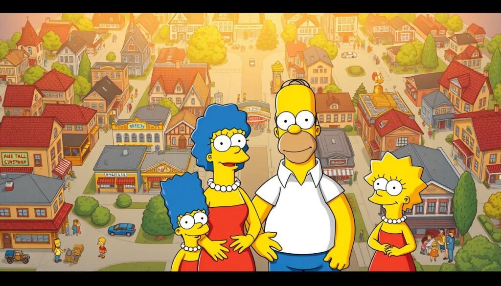 A vibrant, detailed illustration of the main characters and setting from the iconic animated series "The Simpsons". In the foreground, the Simpson family - Homer, Marge, Bart, Lisa, and Maggie - stand together, their distinct personalities and facial expressions captured with vivid realism. Surrounding them, the bustling town of Springfield comes to life, with the familiar buildings, landmarks, and quirky residents populating the middle and background layers. The scene is bathed in warm, golden lighting, creating a nostalgic and inviting atmosphere that captures the essence of the show's beloved characters and their enduring world.