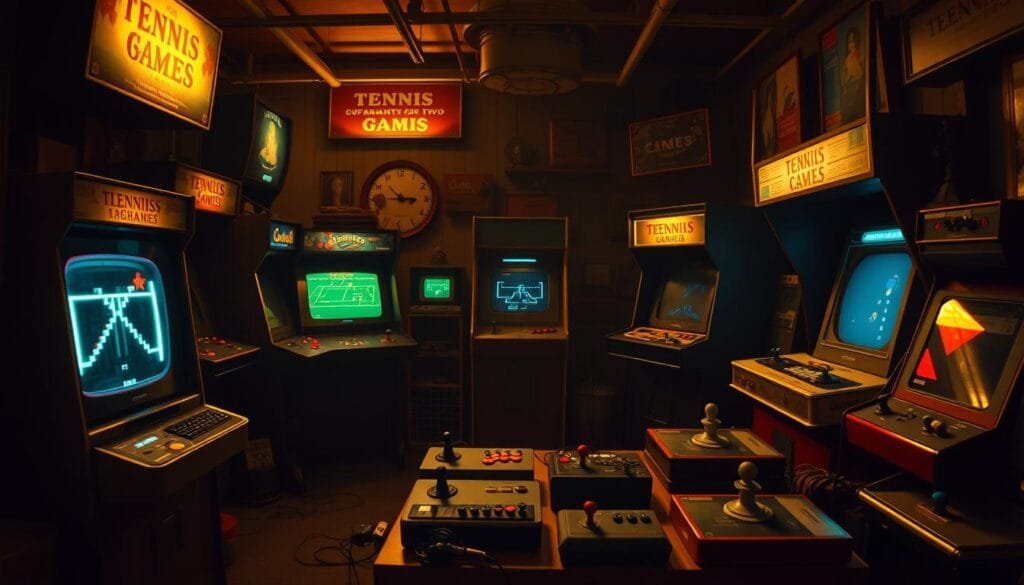 A vibrant display of the earliest video game pioneers, showcasing a dimly lit room filled with vintage arcade cabinets and consoles. In the foreground, a classic Tennis for Two game plays on a small cathode-ray tube display, its simple yet captivating graphics reflecting the pioneering spirit of the era. The middle ground features a collection of early game controllers, joysticks, and switches, hinting at the rapid technological advancements that would soon transform the industry. The background is shrouded in a warm, nostalgic glow, evoking a sense of wonder and the dawn of a new era of interactive entertainment. A vibrant display of the earliest video game pioneers, showcasing a dimly lit room filled with vintage arcade cabinets and consoles. In the foreground, a classic Tennis for Two game plays on a small cathode-ray tube display, its simple yet captivating graphics reflecting the pioneering spirit of the era. The middle ground features a collection of early game controllers, joysticks, and switches, hinting at the rapid technological advancements that would soon transform the industry. The background is shrouded in a warm, nostalgic glow, evoking a sense of wonder and the dawn of a new era of interactive entertainment.