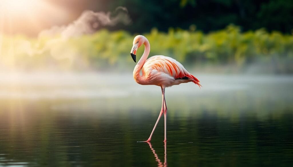 A vibrant flamingo stands in shallow water, its long legs reflected in the calm surface. The bird's plumage is a stunning shade of pale pink, gradually transitioning to a deeper rose hue towards the wing tips. Soft morning light filters through wispy clouds, casting a warm glow over the scene. In the background, a blurred expanse of lush greenery provides a serene natural backdrop. The flamingo's graceful posture and tranquil expression convey a sense of peaceful elegance. The overall composition evokes the beauty and transformation of the flamingo's plumage as it shifts from a neutral tone to its iconic vibrant pink. A vibrant flamingo stands in shallow water, its long legs reflected in the calm surface. The bird's plumage is a stunning shade of pale pink, gradually transitioning to a deeper rose hue towards the wing tips. Soft morning light filters through wispy clouds, casting a warm glow over the scene. In the background, a blurred expanse of lush greenery provides a serene natural backdrop. The flamingo's graceful posture and tranquil expression convey a sense of peaceful elegance. The overall composition evokes the beauty and transformation of the flamingo's plumage as it shifts from a neutral tone to its iconic vibrant pink.
