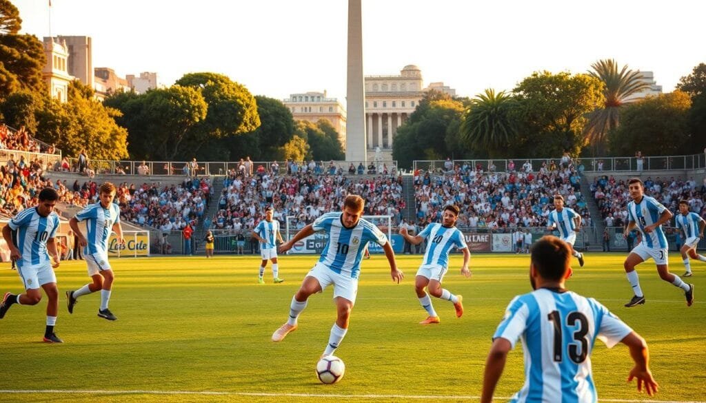 A vibrant football (soccer) field set against a backdrop of the iconic Obelisk of Buenos Aires, illuminated by warm, golden afternoon sunlight. In the foreground, a group of passionate football players, their bodies in dynamic motion as they compete for the ball, their jerseys adorned with the iconic blue and white stripes of the Argentine national team. The midground features enthusiastic spectators in the stands, their faces filled with a mix of excitement and national pride. The background showcases the bustling energy of the city, with the Obelisk standing tall as a symbol of Argentina's rich cultural heritage. The overall scene captures the deep-rooted connection between the Argentine people and their beloved national sport, fútbol. A vibrant football (soccer) field set against a backdrop of the iconic Obelisk of Buenos Aires, illuminated by warm, golden afternoon sunlight. In the foreground, a group of passionate football players, their bodies in dynamic motion as they compete for the ball, their jerseys adorned with the iconic blue and white stripes of the Argentine national team. The midground features enthusiastic spectators in the stands, their faces filled with a mix of excitement and national pride. The background showcases the bustling energy of the city, with the Obelisk standing tall as a symbol of Argentina's rich cultural heritage. The overall scene captures the deep-rooted connection between the Argentine people and their beloved national sport, fútbol.