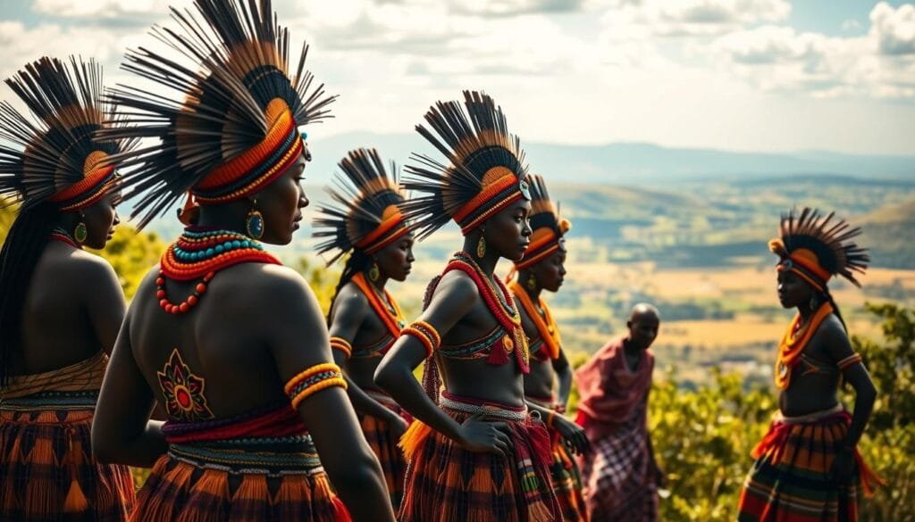 A vibrant group of Kenyan tribespeople, their colorful traditional "lenguas" (tongues) adorned with intricate beadwork and vibrant hues, stand in a lush, verdant setting. The foreground features the dancers' elaborate headdresses and ornate jewelry, capturing the rich cultural heritage. The middle ground showcases their expressive movements and traditional dance, while the background reveals a stunning panoramic view of the Kenyan landscape, with rolling hills and a brilliant blue sky. The scene is bathed in warm, golden lighting, creating a sense of warmth and vitality. The overall atmosphere conveys a deep respect for the living traditions that have been passed down through generations. A vibrant group of Kenyan tribespeople, their colorful traditional "lenguas" (tongues) adorned with intricate beadwork and vibrant hues, stand in a lush, verdant setting. The foreground features the dancers' elaborate headdresses and ornate jewelry, capturing the rich cultural heritage. The middle ground showcases their expressive movements and traditional dance, while the background reveals a stunning panoramic view of the Kenyan landscape, with rolling hills and a brilliant blue sky. The scene is bathed in warm, golden lighting, creating a sense of warmth and vitality. The overall atmosphere conveys a deep respect for the living traditions that have been passed down through generations.