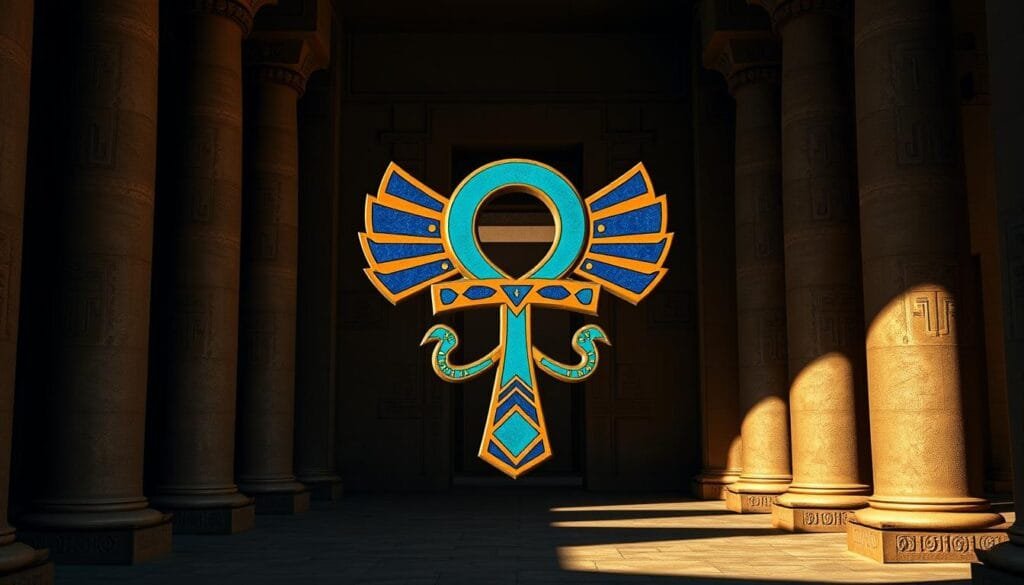 A vibrant hieroglyphic symbol, featuring the iconic ankh shape at the center, representing the concept of "life" in ancient Egyptian mythology. The symbol is rendered in a rich, saturated palette of turquoise, ochre, and deep indigo, with intricate geometric patterns and decorative flourishes adorning the edges. The symbol is positioned against a backdrop of striking, symmetrical architectural elements, such as pillars and arched doorways, evoking the grandeur and reverence of an ancient Egyptian temple. Subtle lighting casts dramatic shadows, enhancing the sense of depth and mysticism. The overall composition conveys a timeless, sacred atmosphere, reflecting the significance of symbols and their role in the complex spiritual beliefs of the ancient Egyptians. A vibrant hieroglyphic symbol, featuring the iconic ankh shape at the center, representing the concept of "life" in ancient Egyptian mythology. The symbol is rendered in a rich, saturated palette of turquoise, ochre, and deep indigo, with intricate geometric patterns and decorative flourishes adorning the edges. The symbol is positioned against a backdrop of striking, symmetrical architectural elements, such as pillars and arched doorways, evoking the grandeur and reverence of an ancient Egyptian temple. Subtle lighting casts dramatic shadows, enhancing the sense of depth and mysticism. The overall composition conveys a timeless, sacred atmosphere, reflecting the significance of symbols and their role in the complex spiritual beliefs of the ancient Egyptians.