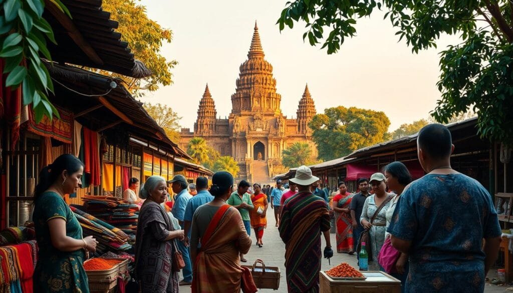 A vibrant, immersive scene showcasing the rich cultural heritage and daily life of a bustling Cambodian village. In the foreground, a group of locals gather around a colorful market stall, haggling over intricate handwoven textiles and traditional spices. In the middle ground, a towering Angkor Wat temple complex rises majestically, its intricate carvings and ornate architecture bathed in warm, golden light. In the background, lush, verdant foliage frames the scene, giving a sense of timeless tranquility. The overall mood is one of vibrant energy, cultural pride, and a deep connection to the land and its customs.