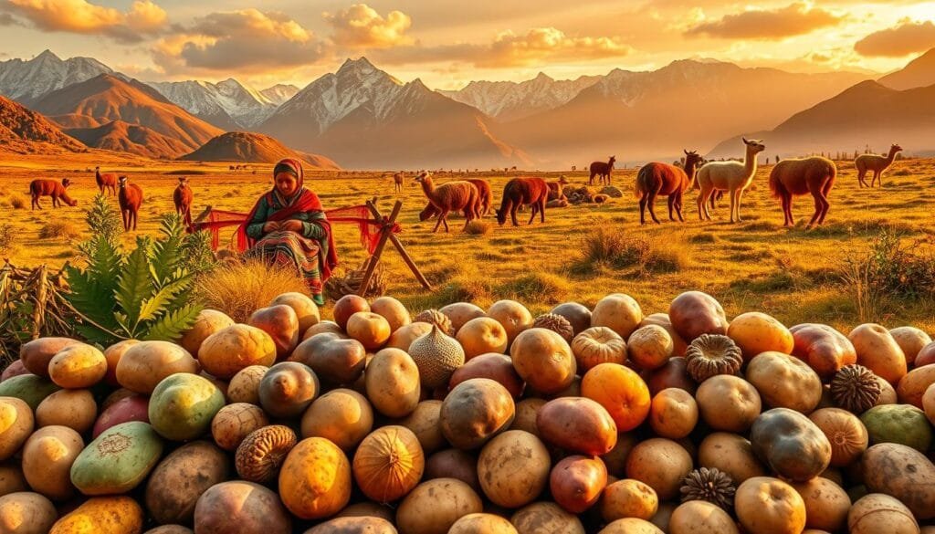 A vibrant landscape depicting curious facts about Peru, with a central focus on various native Peruvian potatoes. In the foreground, a diverse array of potatoes in an array of colors, shapes, and sizes, showcasing the country's remarkable biodiversity. In the middle ground, a traditional Peruvian weaver creates a vibrant tapestry, highlighting the rich cultural heritage. The background features the majestic Andes mountains, with llamas grazing in the distance, creating a serene and awe-inspiring atmosphere. The lighting is warm and golden, casting a soft glow over the scene, evoking a sense of wonder and discovery. The composition is balanced and visually striking, capturing the essence of the "Curiosidades de Perú" section.