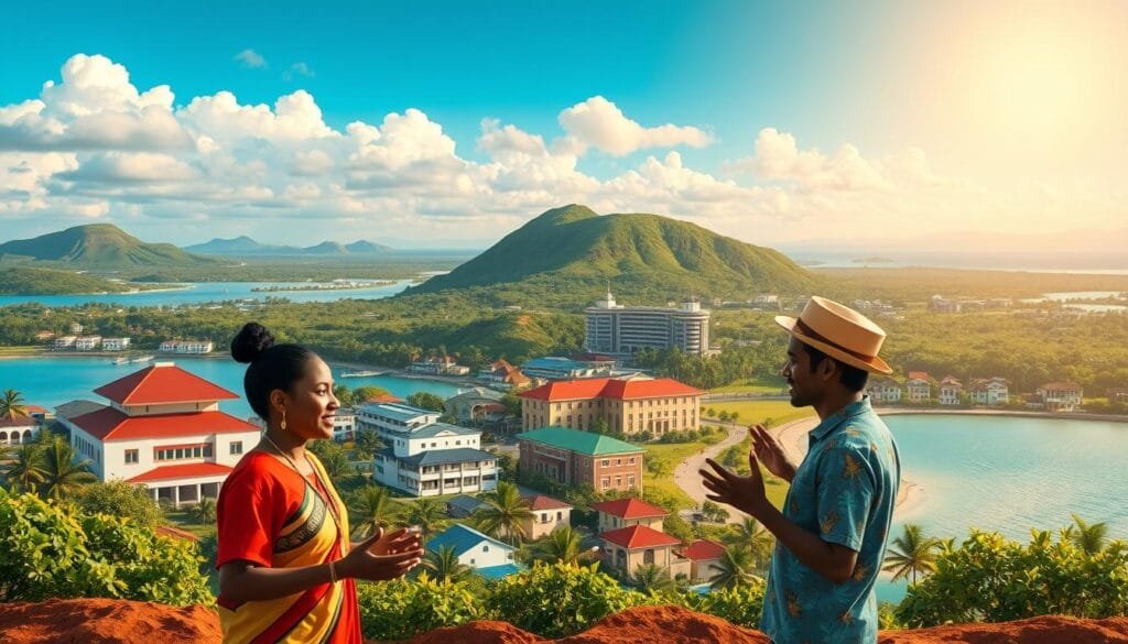 A vibrant, multicultural landscape depicting the languages and culture of Nauru. In the foreground, two figures converse in Nauruan, their hands gesturing animatedly. The middle ground showcases a blend of traditional Nauruan architecture and modern English-style buildings, symbolizing the coexistence of the official languages. In the background, a panoramic view of the island's lush, tropical terrain, with the sun casting a warm, golden glow over the scene. The overall atmosphere conveys a sense of harmony and the rich diversity of Nauru's linguistic and cultural heritage. A vibrant, multicultural landscape depicting the languages and culture of Nauru. In the foreground, two figures converse in Nauruan, their hands gesturing animatedly. The middle ground showcases a blend of traditional Nauruan architecture and modern English-style buildings, symbolizing the coexistence of the official languages. In the background, a panoramic view of the island's lush, tropical terrain, with the sun casting a warm, golden glow over the scene. The overall atmosphere conveys a sense of harmony and the rich diversity of Nauru's linguistic and cultural heritage.