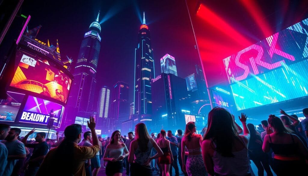 A vibrant, neon-lit cityscape at night, with towering skyscrapers and futuristic architecture in the background. In the foreground, a group of young people dancing to the pulsing beat of electronic music, their movements illuminated by a dazzling array of colorful lights. The atmosphere is charged with energy and the sense of a thriving, avant-garde cultural scene. The scene is captured through a wide-angle lens, creating a sense of depth and immersion. The lighting is dramatic, with deep shadows and highlights that accentuate the angular, geometric forms of the urban environment. The overall mood is one of excitement, innovation, and a distinctly Belgian flavor of electronic music culture.
