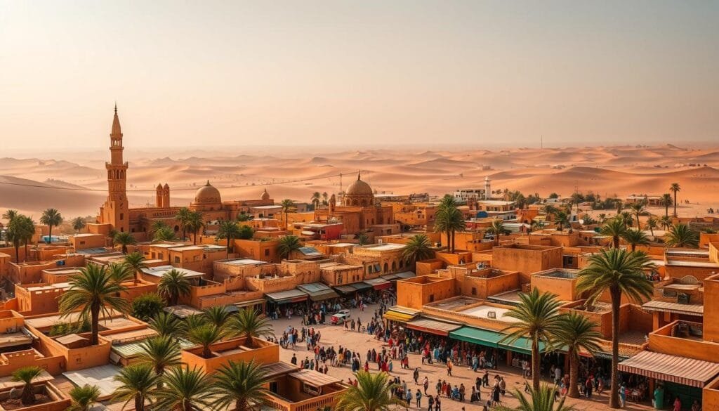 A vibrant oasis city nestled in the Eastern desert, surrounded by palm-lined avenues and sun-dappled plazas. Towering minarets and ornate domes rise above a labyrinth of adobe homes, their warm ochre hues casting long shadows as the sun sinks low. In the bustling marketplace, merchants hawk their wares beneath colorful awnings, the air alive with the fragrance of spices and the lively chatter of locals. Beyond the city walls, rolling dunes stretch to the horizon, a timeless landscape dotted with verdant oases and the distant glimmer of a tranquil sea. A vibrant oasis city nestled in the Eastern desert, surrounded by palm-lined avenues and sun-dappled plazas. Towering minarets and ornate domes rise above a labyrinth of adobe homes, their warm ochre hues casting long shadows as the sun sinks low. In the bustling marketplace, merchants hawk their wares beneath colorful awnings, the air alive with the fragrance of spices and the lively chatter of locals. Beyond the city walls, rolling dunes stretch to the horizon, a timeless landscape dotted with verdant oases and the distant glimmer of a tranquil sea.