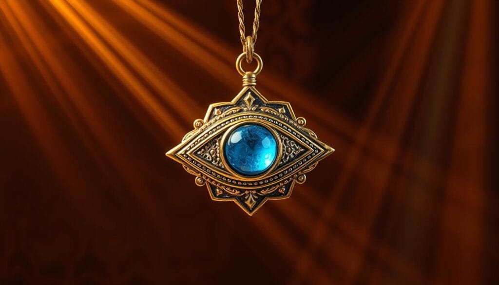 A vibrant, ornate nazar amulet floating against a richly textured, softly illuminated background. The amulet, a traditional Turkish eye-shaped charm, gleams with intricate metalwork and a striking blue, round glass bead at its center. Shafts of warm, golden light accentuate the amulet's intricate details, casting subtle shadows that add depth and dimension. The scene is infused with a mystical, cultural atmosphere, capturing the essence of Turkish traditions and superstitions.