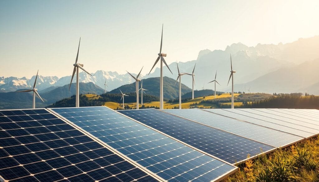 A vibrant panorama of renewable energy in Austria. In the foreground, sleek solar panels bask in the warm sunlight, their shimmering surfaces harnessing the power of the sun. In the middle ground, towering wind turbines gracefully spin, their blades cutting through the crisp alpine air. Behind them, rolling hills dotted with lush greenery provide a serene backdrop, while in the distance, the majestic Austrian Alps rise, their snow-capped peaks glowing with the promise of sustainable, clean energy. The scene is bathed in a soft, golden glow, radiating a sense of harmony between nature and innovative technology. This image captures the essence of Austria's commitment to renewable energy and sustainable living.