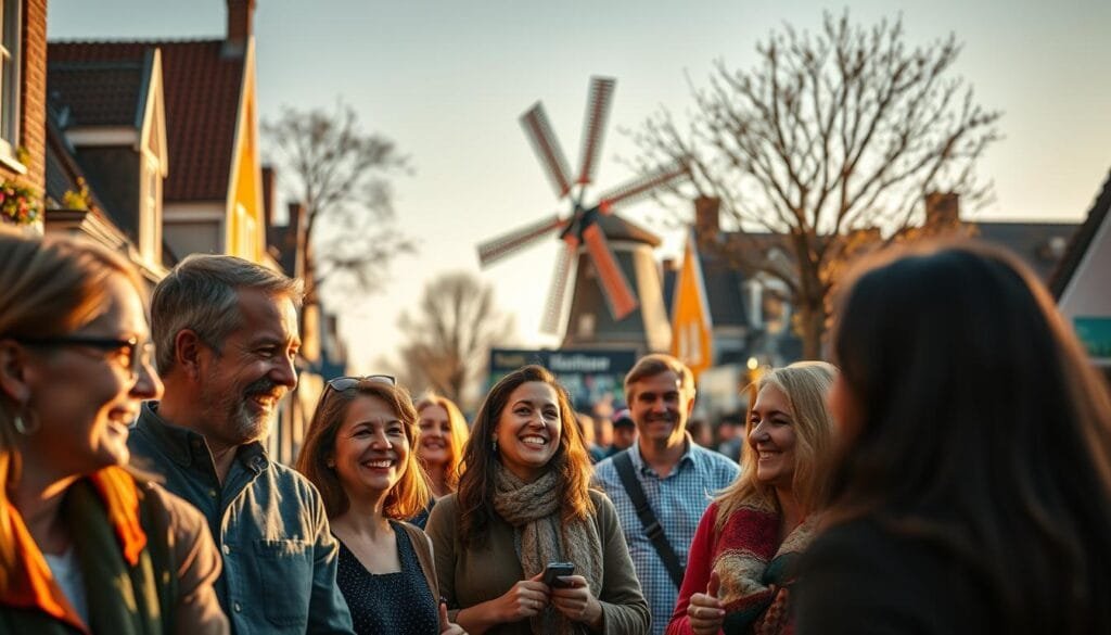 A vibrant scene of Dutch cultural openness and tolerance. In the foreground, a diverse group of people engage in lively conversation, their expressions animated and welcoming. The middle ground showcases a bustling street lined with quaint, brightly colored buildings, reflecting the architectural charm of the Netherlands. In the background, a windmill stands tall, a iconic symbol of Dutch heritage, bathed in warm, golden sunlight. The overall atmosphere conveys a sense of inclusive community, where people of various backgrounds feel comfortable and celebrated. The lighting is soft and natural, creating a cozy, inviting ambiance. Captured with a wide-angle lens to encompass the full scope of this culturally rich setting.