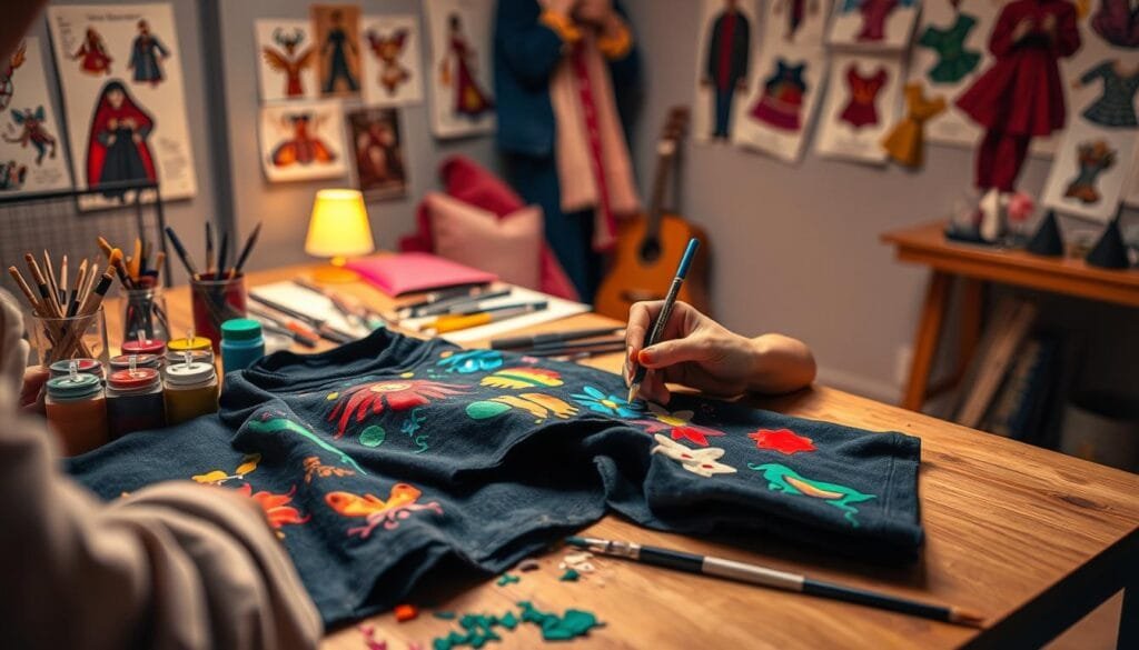A vibrant scene of a DIY costume-making workshop. In the foreground, a pair of hands meticulously painting colorful designs on a fabric costume piece using bold, expressive brushstrokes. In the middle ground, an assortment of art supplies - paints, brushes, felt sheets - sit organized on a wooden table, ready to transform simple garments. The background features a cozy, well-lit crafting space, with inspiring DIY costume ideas pinned to the walls, hinting at the creative potential. Soft, warm lighting illuminates the scene, casting a cheerful, celebratory mood. The composition captures the joy and artistry of personalizing costumes for a festive carnival celebration.