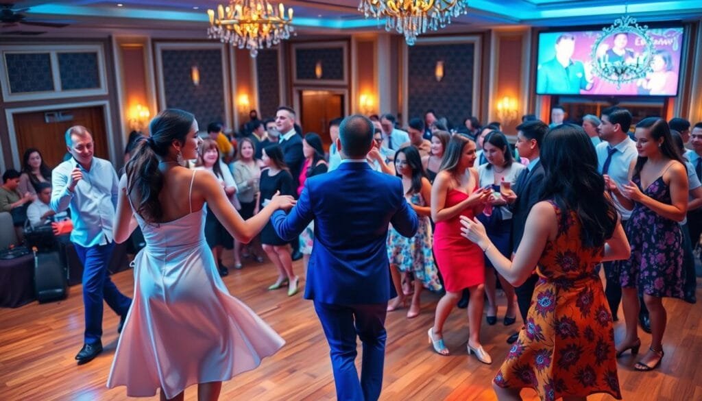 A vibrant scene of an academic event bursting with music and entertainment. In the foreground, a lively dance performance captivates the audience, with graceful dancers moving to the rhythm of a live band on stage. The middle ground features a mix of guests mingling and enjoying refreshments, their faces alight with joy. In the background, the venue's elegant decor and warm lighting create a welcoming atmosphere, complementing the festive mood. The overall composition conveys a sense of celebration, where music and entertainment are the heartbeat of the academic celebration.