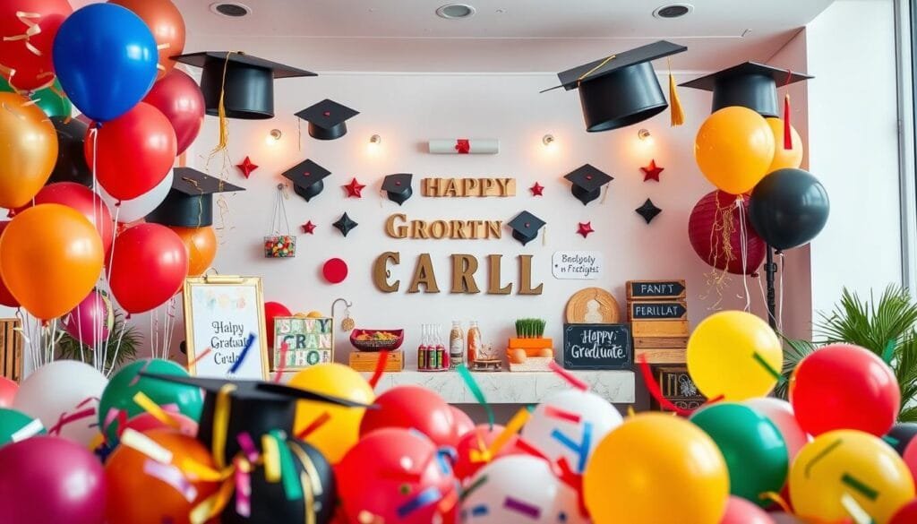 A vibrant scene of creative graduation party ideas in a chic, modern setting. In the foreground, an arrangement of colorful balloons, confetti, and streamers, hinting at the celebratory atmosphere. In the middle ground, an assortment of whimsical decorations, such as oversized graduation caps, hanging diplomas, and playful signage. The background showcases a minimalist, yet elegant backdrop, with subtle lighting accents that set a warm, inviting mood. The overall composition captures the spirit of a memorable graduation party, blending tradition with a touch of youthful, imaginative flair.