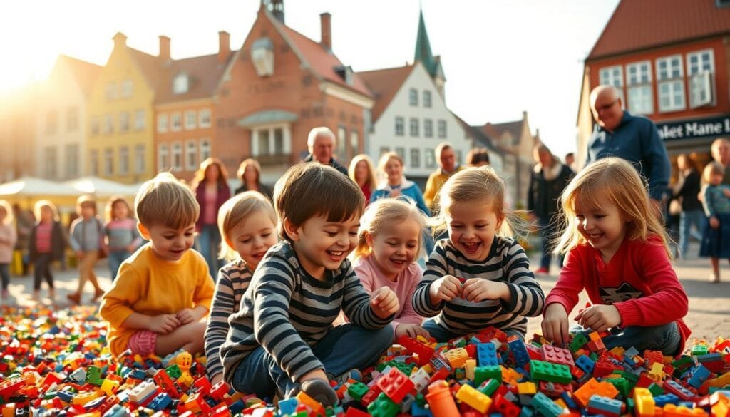 A vibrant scene of joyful children playing in a lively Danish town square, surrounded by the iconic colorful LEGO bricks that have become synonymous with the country's rich cultural heritage. In the foreground, a group of young boys and girls, their faces alight with laughter, engaged in a spirited game of LEGO building. Warm, golden sunlight bathes the scene, casting gentle shadows and highlighting the vivid hues of the plastic bricks. In the middle ground, a group of parents and grandparents observe the children, their expressions filled with pride and nostalgia. In the background, the charming architecture of Billund's town center serves as a picturesque backdrop, complementing the playful and whimsical atmosphere. The overall composition conveys a sense of community, tradition, and the enduring appeal of the iconic Danish toy.