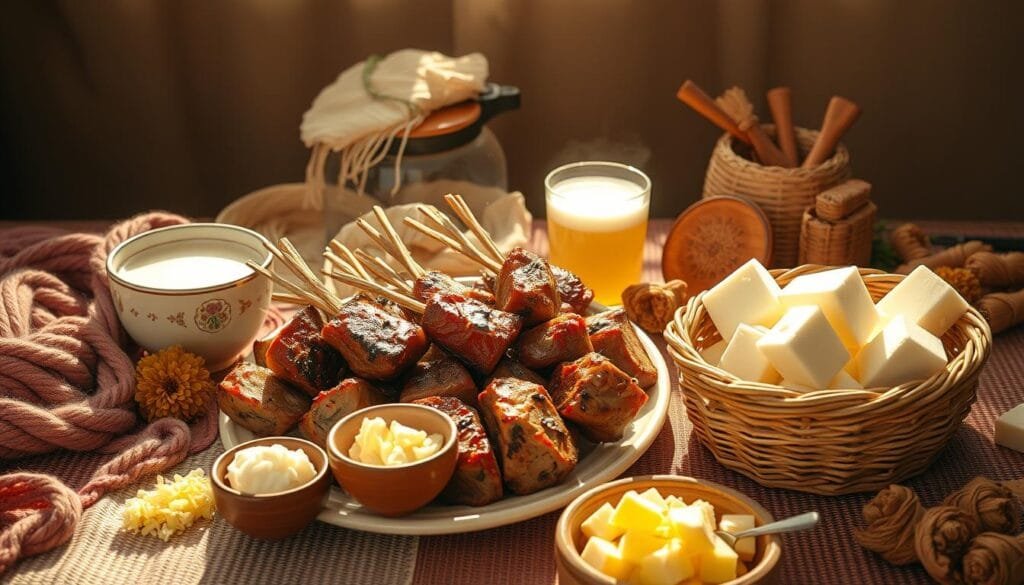 A vibrant still life of typical Mongolian dishes, featuring a central arrangement of freshly grilled lamb skewers, a steaming bowl of creamy milk tea, and a plate of traditional white curds. Surrounding these focal points are accents of hand-spun cashmere yarn, a small ceramic bowl of shredded gouda-like cheese, and a woven grass basket overflowing with freshly churned butter. The scene is bathed in warm, golden light, casting soft shadows and highlighting the rich, earthy tones of the ingredients. The overall mood is one of rustic abundance, capturing the essence of Mongolia's pastoral culinary heritage. A vibrant still life of typical Mongolian dishes, featuring a central arrangement of freshly grilled lamb skewers, a steaming bowl of creamy milk tea, and a plate of traditional white curds. Surrounding these focal points are accents of hand-spun cashmere yarn, a small ceramic bowl of shredded gouda-like cheese, and a woven grass basket overflowing with freshly churned butter. The scene is bathed in warm, golden light, casting soft shadows and highlighting the rich, earthy tones of the ingredients. The overall mood is one of rustic abundance, capturing the essence of Mongolia's pastoral culinary heritage.