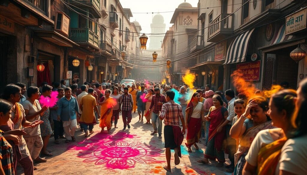 A vibrant street scene during a colorful Indian festival, capturing the essence of "Festivales que iluminan ciudades y calles: Holi y Diwali". In the foreground, a bustling crowd of revelers playfully throw brightly colored powders, their laughter and joy palpable. Intricate rangoli patterns adorn the ground, leading the eye towards the middle ground where ornate lanterns and string lights illuminate the narrow, winding streets. In the background, historic architecture and vibrant textiles provide a rich, cultural backdrop. Warm, golden sunlight filters through, creating a magical, dreamlike atmosphere. The scene conveys a sense of community, celebration, and the enduring traditions that make India's festivals so captivating. A vibrant street scene during a colorful Indian festival, capturing the essence of "Festivales que iluminan ciudades y calles: Holi y Diwali". In the foreground, a bustling crowd of revelers playfully throw brightly colored powders, their laughter and joy palpable. Intricate rangoli patterns adorn the ground, leading the eye towards the middle ground where ornate lanterns and string lights illuminate the narrow, winding streets. In the background, historic architecture and vibrant textiles provide a rich, cultural backdrop. Warm, golden sunlight filters through, creating a magical, dreamlike atmosphere. The scene conveys a sense of community, celebration, and the enduring traditions that make India's festivals so captivating.